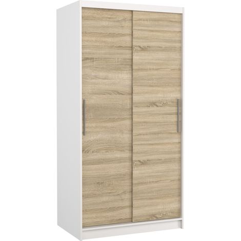 Petite armoire de chambre à coucher blanche 2 portes coulissantes bois clair artisan Kilane 100cm (1/5)