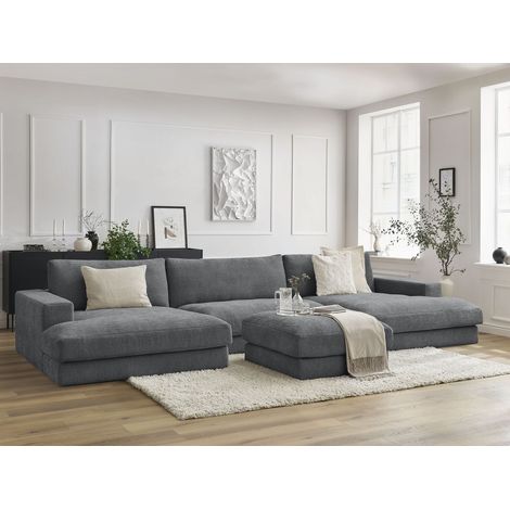 BOBOCHIC - Canapé panoramique fixe LEONARD tissu texturé avec pouf   Gris foncé (1/5)