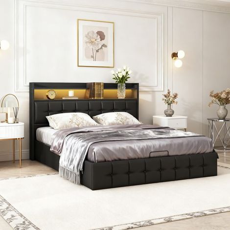 Struttura del letto,10CHB,140x190 cm,USB e Tipo-C,LED, idraulico, pu, telaio del letto 140x190 cm,Nero