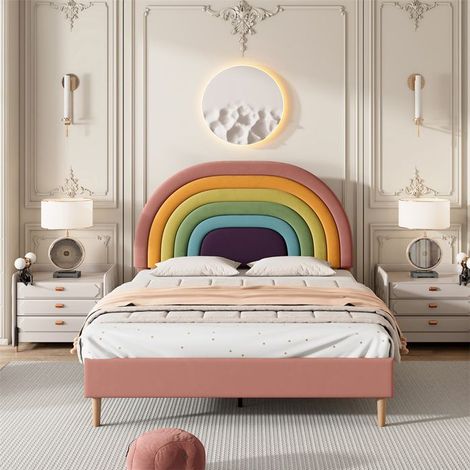 Lit rembourré velours 140x200 cm avec sommier à lattes et tête de lit réglable - Rose, 2 places (sans matelas)