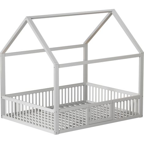Kinder-Hausbett 140 x 200 cm aus Holz und MDF mit Schutzgitter und weißer Tür HOMVRA (1/5)