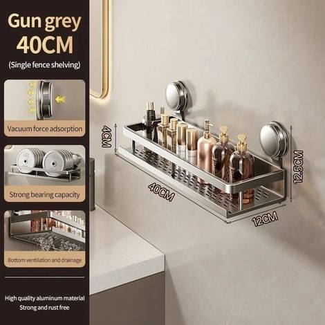 (XP gris 40 cm) Étagère de salle de bain adhésive à ventouses, sans perçage, en aluminium, à suspendre au mur. (1/5)