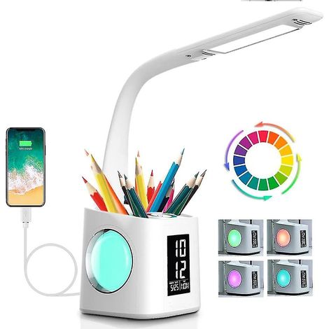 Lampe de bureau LED protectrice pour les yeux, lampe de table d'étude avec port de chargement USB, veilleuse d'ambiance, porte-stylo, affichage de l'heure et du calendrier, 3 niveaux d'intensité lumin (1/5)