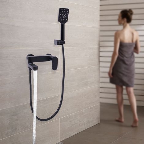 Mitigeur de douche noir avec douchette à main, robinet de salle de bain mural, robinet de baignoire avec pommeau de douche, 3 fonctions, pour baignoire et salle de bain (1/5)