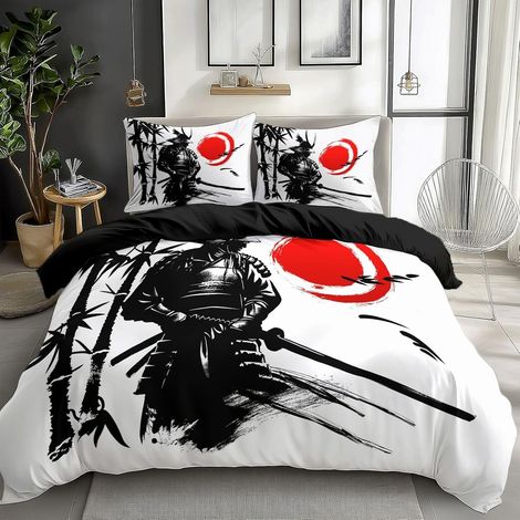 Housse de Couette 140 x 200 cm avec 2 Taies d'oreiller - Design Peinture à l'Encre de Samouraï Japonais - Parure de Lit Adulte Enfant Moderne - Set avec Fermetures Éclair - Noir (1/5)