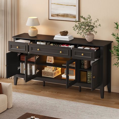 Buffet Bas avec 4 Portes dont 2 Vitrées, 3 Tiroirs et LED par Appli, Meuble de Rangement pour Salle à Manger, MDF et Poignées en Fer - Noir (1/5)