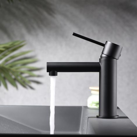 IMEX - Grifo Monomando Lavabo Grifo Baño Mezclador Agua Fria y Caliente Grifo Lavabo sobre Encimera Ahorro de Agua Serie Milos Stick Color Negro Mate (1/2)