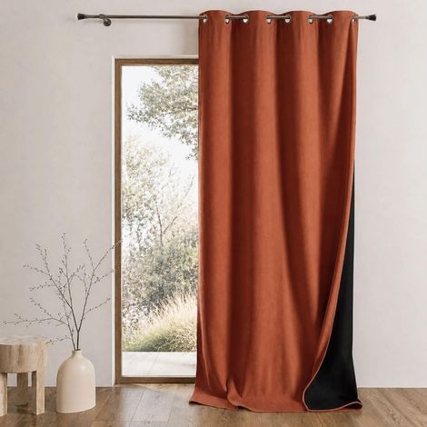 Rideau Thermique Phonique KONFOR - Flanelle Polyester - Occultant Isolant Froid et Bruit - Chambre Salon Bureau - 8 Oeillets - 140 x 300 cm - Terracotta (1/5)