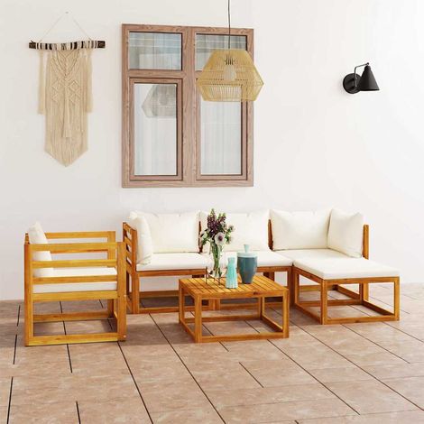 Salon de jardin 6 pcs Ensemble Table et Chaise de Jardin - avec coussin Crème Bois d'acacia solide BV800985 - BonneVie (1/5)