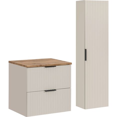Furnidea - Ensemble ADEL CACHEMIRE meuble suspendu sous vasque avec plan chêne 60 cm et colonne 35 x 140 cm - façades rainurées (1/5)