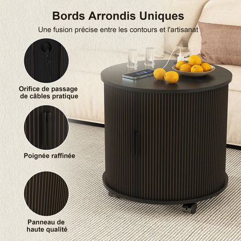 Table de nuit cylindrique vintage avec station de charge (prise + 2 USB), porte inclinée et rangement - mobile sur roulettes pour chambre et salon, finition noire, dimensions : L60/H60/P60 cm (1/5)