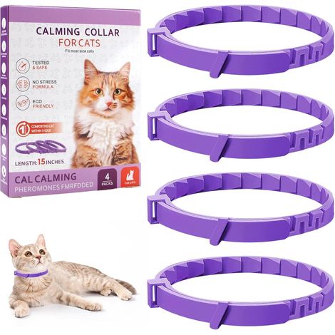 Collier apaisant pour chat en 4 parties, fabriqué en matériau naturel résistant à la pression et imprégné de phéromones, de couleur violette, taille ajustable, effet en 30 jours, convient aux chatons (1/5)