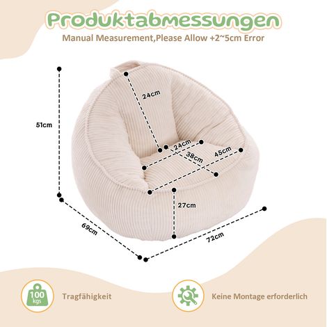Poltrona pouf per bambini, beige, 69 x 72 x 51 cm, in velluto a coste, max 100 kg, HAVRYA (1/5)