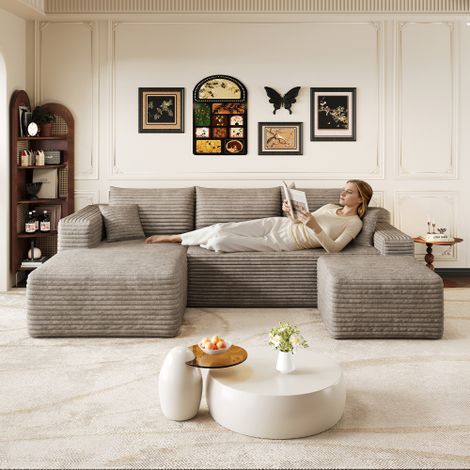 Canapé d'angle 241 cm motif nuage, canapé moderne et minimaliste, confortable, assise profonde avec angle, livré monté, couleur camel (1/5)