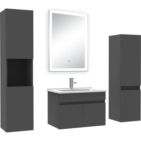 Ocean Ensemble meuble Salle de Bain 60cm simple vasque avec colonne + miroir lumineux dimmable anthracite