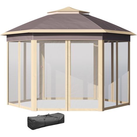 Gazebo de jardin hexagonal 4,05 x 3,4 x 2,85 m avec double toit, 6 moustiquaires amovibles, sac de rangement et traitement anti-UV beige (1/5)