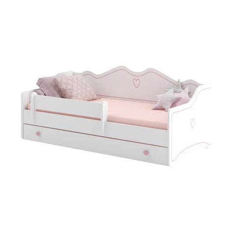 Lit enfant Emma rose 70x140,  blanc avec tiroir, barrière, matelas et sommier pour chambre d'enfant