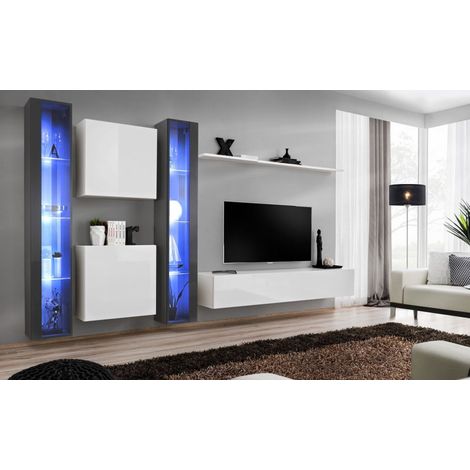 Ensemble mural - Switch XVI - 2 vitrines LED - 2 vitrines carrées - 1 banc TV - 1 étagère - Blanc et graphite - Modèle 2 - Livraison gratuite