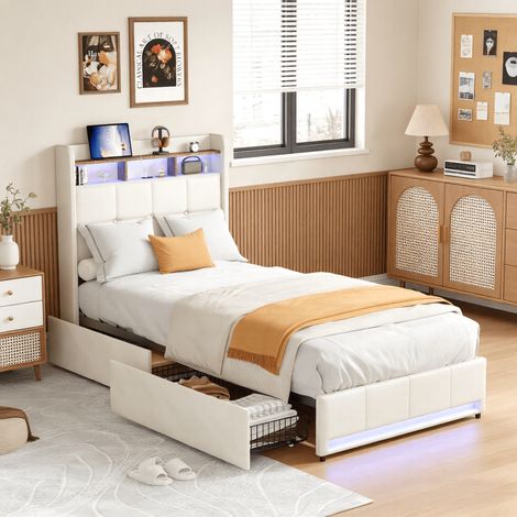 Lit simple coffre 90x200 cm avec 2 tiroirs, lit enfant rembourré avec sommier à lattes, éclairage LED et ports USB, convient aux enfant, adolescent et adulte, Lin Gris (1/5)