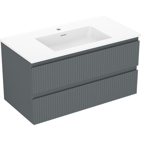 Mexen Rivel Badezimmer-Unterschrank 90 cm mit Waschbecken Otis, 2 Schubladen, geriffelt, Graphit matt/Weiß matt - 91A20-09047-2
