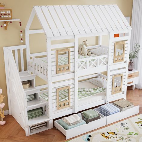 REDOM Letto a castello 90x200 cm, letto per bambini, sicurezza e carino, scale con contenitore, 2 cassetti, MDF, bianco(senza materasso) (1/5)