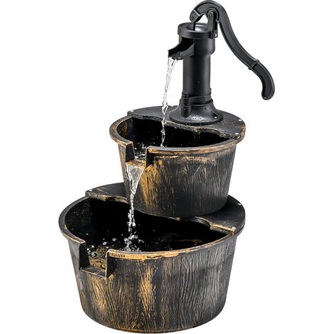 COSTWAY Fuente de Cascada de Barril al Aire Libre de 2 Niveles, Fuente de Cascada de Agua Rústica con Bomba Ajustable, Fuente Independiente de 68 cm para Jardín, Patio, Decoración de Jardín (1/5)