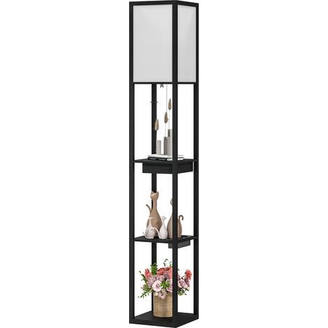 Lampe de sol avec étagère à 3 niveaux, pied à pédale, ports USB, MDF noir (1/5)