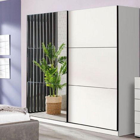 Guardaroba Grande Soncino, Armadio Camera da Letto Appendiabiti, 8 Ripiani, Apertura Scorrevole, 217x210h cm Bianco Opaco (1/5)