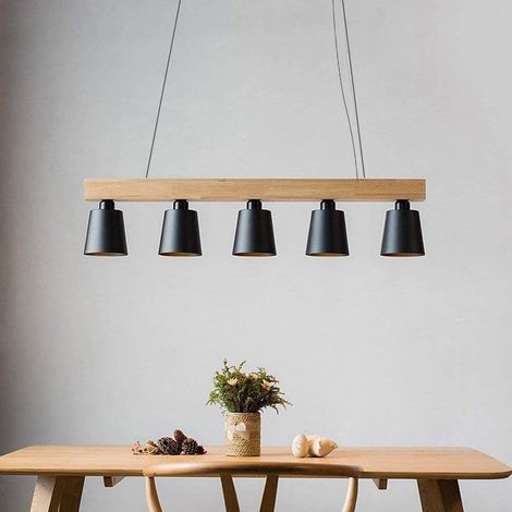 GBLY Lampada a Sospensione Nera - Lampada a Sospensione Moderna in Legno E27 Cucina 5 Lampadine Lampada a Sospensione Sala da Pranzo per Soggiorno Hotel Corridoio (1/5)