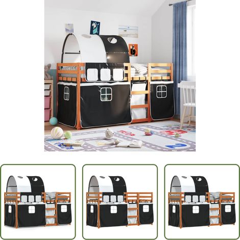 Kinderbett mit Vorhängen - Etagenbett mit Vorhängen Weiß & Schwarz 90x190 cm Kiefernholz (1/5)