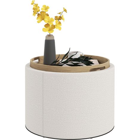 Ottomane Runder Sitzhocker Polsterhocker Mit Stauraum, Klappdeckel, In Leinenoptik Für Wohnzimmer, Schlafzimmer, Creme, Ø56 X 42 Cm