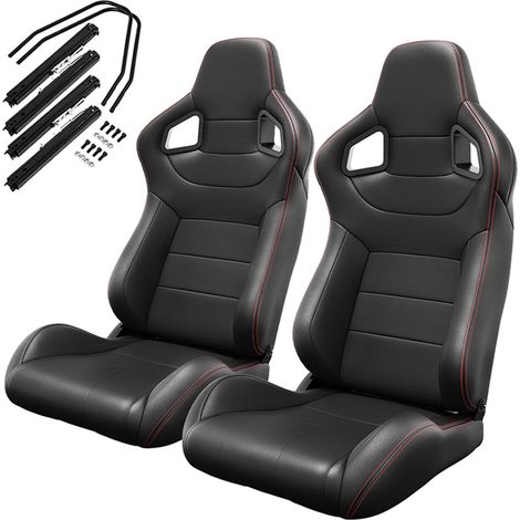 2 asientos baquet universales negros con costuras rojas PVC reclinables tipo carbono con corredera (1/5)