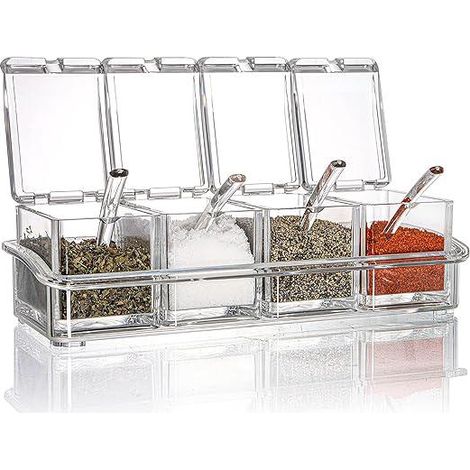 Porte-épices acrylique transparent 4 compartiments, bocal à condiments avec couvercle et cuillère, rangement compact pour cuisine, distributeur d'assaisonnements en plexiglas clair (1/5)