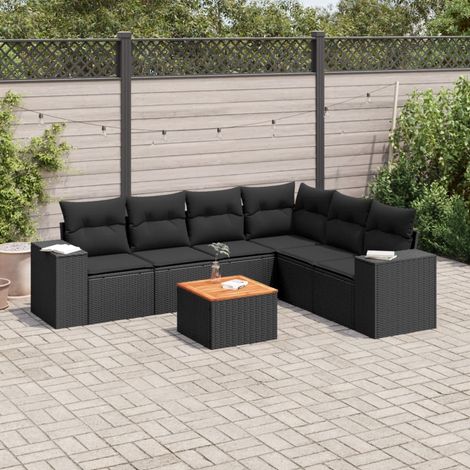 Salon de jardin modulable 7 pièces noir en résine tressée avec coussins, table en bois d'acacia et rangements intégrés (1/3)
