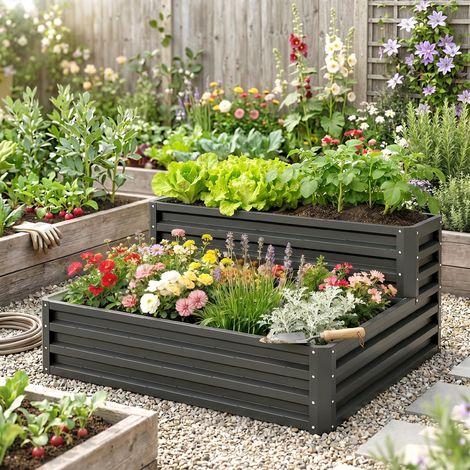 Lit surélevé double étage en acier pour potager, fond ouvert, 120x101x58 cm, gris anthracite (1/5)