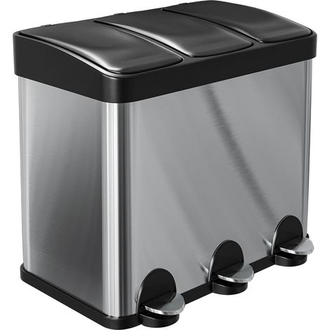 Poubelle Triple avec Pédales 45 litres 3 Compartiments Amovibles de 15 litres Poubelle de Recyclage pour la Cuisine Acier inoxydable 60 x 37 x 49 cm Argent (1/5)