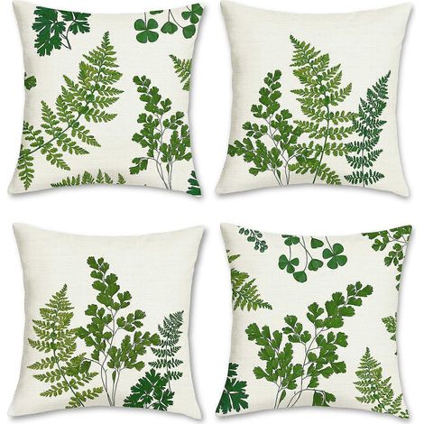 Housses de coussin décoratives 45 x 45 cm, motif feuilles vertes, en polyester et lin, pour canapé, jardin ou extérieur (lot de 4). (1/5)