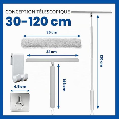 Retractable Shower Squeegee with Long Handle Silicone 30 to 120 cm Shower Squeegee for Glass with Bracket, Showers, Bathrooms, Tiles, Mirrors, Windows