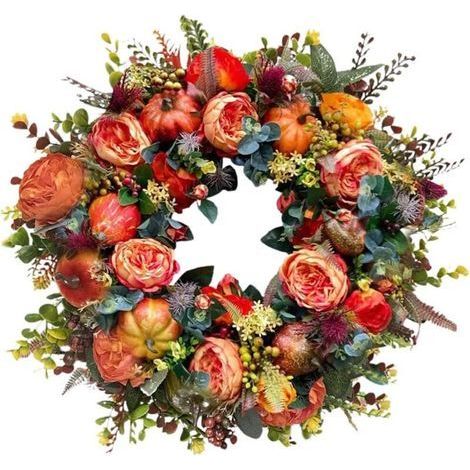 Künstlicher Kürbiskranz. Herbstblumenkranz für drinnen und draußen. Runder Türkranz. Erntedankkranz. (1/5)
