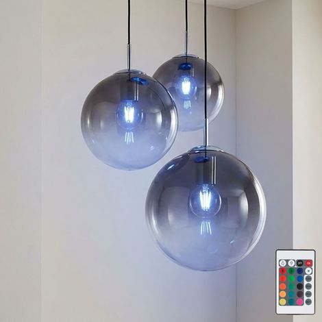 Chrom Decken Pendel Lampe Wohn Zimmer Fernbedienung Glas dimmbar im Set inkl. RGB LED Leuchtmittel