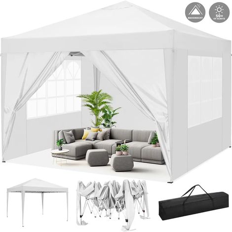 3x3M Tonnelle de Jardin Pliante Imperméable Anti-UV, Barnum Pliant pour mariage, pique-nique, marché, camping avec 4 parois latérales amovibles Blanc