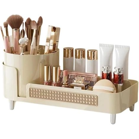 Organizador de maquillaje y cosméticos, organizador de tocador, organizador de cosméticos giratorio de 360°, organizador de cosméticos con 2 compartimentos para mesa de tocador, organizador de brochas (1/5)