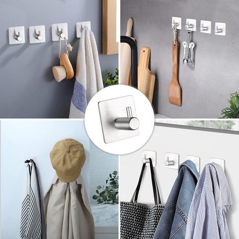 4 Pièces Crochet Adhesif Mural en Acier Inox, Crochets Adhésifs Muraux Salle de Bains Cuisine, Inox Patère Murale Adhesive Autocollant sans Percer (1/5)