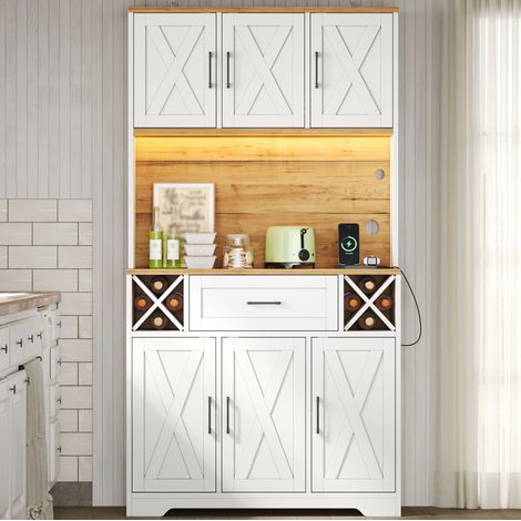 Credenza da cucina con LED, portabottiglie e presa, MDF, bianco e naturale HAVRYA (1/5)