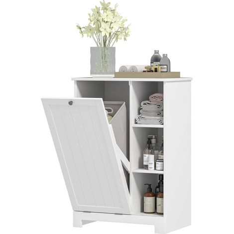HOMCOM armario de baño con cesto ropa sucia mueble de baño con puerta abatible estantes abiertos y cesta extraíble 60x38x86 cm blanco (1/5)