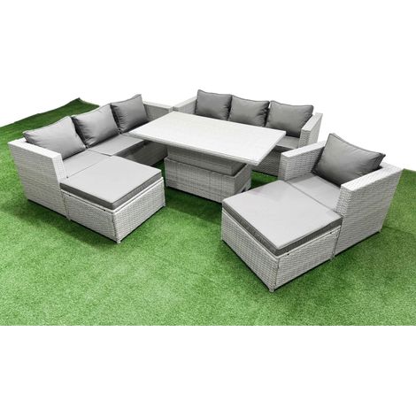 Fimous 6 PCs Rising Dining Table Set Rattan Furniture Set with 3 Seater Sofa Chair 2 Big Footstool Light Grey (1/5)