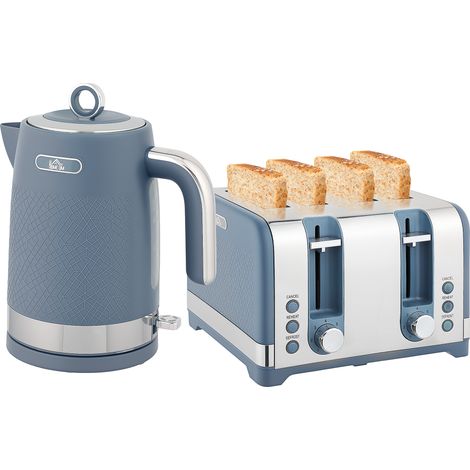 HOMCOM Kettle and Toaster Set with 3000W Rapid Boil, 4 Slice Toaster, Blue (1/5)
