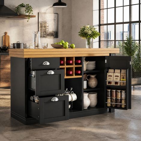 Barra de cocina (120x40x74 cm), extensible con almacenaje, giratoria 360°, MDF negro (1/5)