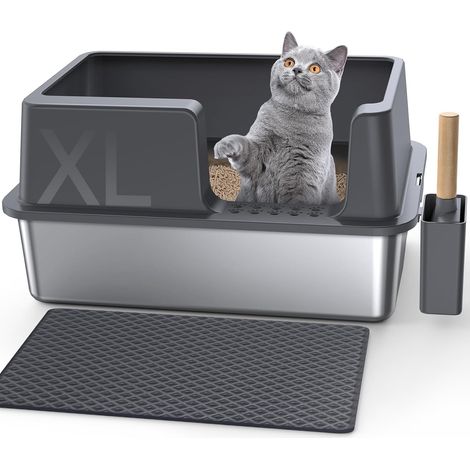 1 Bac À Litière Chat, Acier Inoxydable, Grande Capacité 37L, Parois Hautes Anti-Fuite, Entrée Latérale, Pour Grands Chats (1/5)