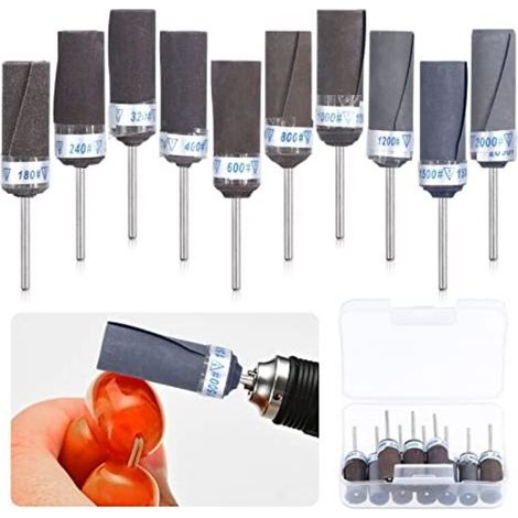 Lot de 10 tambours ponçage, manchons points meulage abrasifs, embouts polissage cylindriques pour outil rotatif 180/240/320/400/600/800/1000/1200/1500/2000 - (1/5)